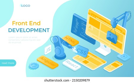 Frontend Development. Creating a site layout, template. Converting data into a graphical UI UX interface. Web development, design, graphic, usability. Isometric vector illustration for website.