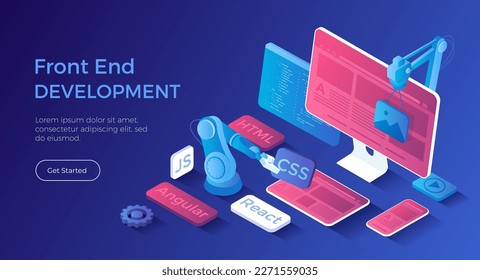 Frontend Development, Creating a site layout, template. Converting data into a graphical UI UX interface. Web development, design, graphic, usability. Isometric landing page. Vector web banner.