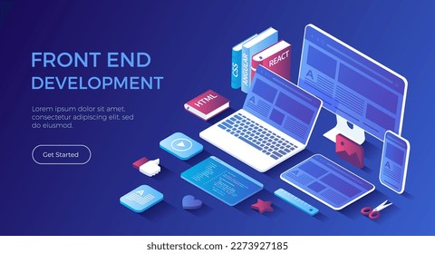 Front-end Development, Creating a site layout, template. Converting data into a graphical UI UX interface. Web development, design, graphic, usability. Isometric landing page. Vector web banner.