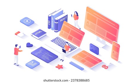 Front-end Development, Creating a site layout, template. Converting data into a graphical UI UX interface. Web development, design, graphic, usability. Isometry illustration with people scene for web