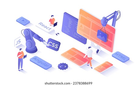 Frontend-Entwicklung, Erstellen einer Website-Layout, Vorlage. Konvertieren von Daten in eine grafische UX-Benutzeroberfläche. Webentwicklung, Design, Grafik. Isometrie-Illustration mit Menschen-Szene für Web-Grafik.