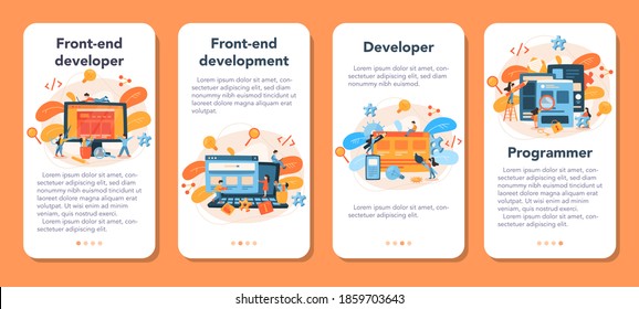 Frontend Entwicklung Mobile Applikation Banner Set. Verbesserung des Website-Schnittstellendesigns. Programmierung und Programmierung. IT-Beruf. Einzelne flache Vektorgrafik