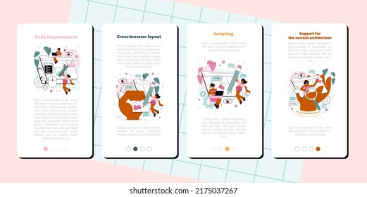 Frontend development mobile application banner set. Website interface design improvement. Web page programming, coding and testing. IT profession. Isolated flat vector illustration