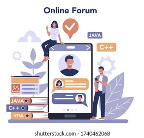 Servicio o plataforma online de desarrollo de Frontend. Mejora del diseño de la interfaz del sitio web. Programación y codificación. Foro en línea. Ilustración vectorial plana aislada