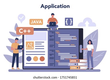 Servicio o plataforma online de desarrollo de Frontend. Mejora del diseño de la interfaz del sitio web. Programación y codificación. Aplicación. Ilustración vectorial plana aislada