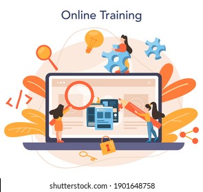 Servicio o plataforma en línea de desarrollo front-end. Mejora del diseño de la interfaz del sitio web. Formación en línea. Ilustración vectorial plana aislada