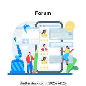 Frontend development online service or platform. Website interface design improvement. Web page programming, coding and testing. Online forum. Isolated flat vector illustration
