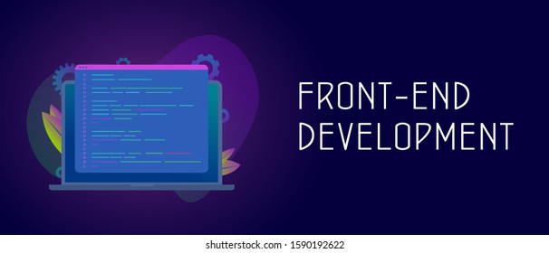 Front-end development vector concept with laptop and javascript or html code window. Header or footer banner template with modern dark violet colours.