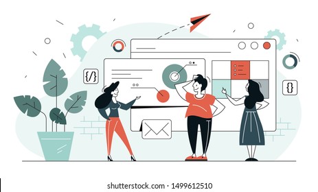 Frontend development web banner concept. Website interface design improvement. Developer looking at the graph. Isolated flat vector illustration