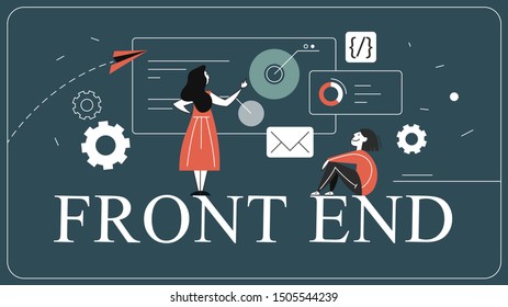 Frontend development web banner concept. Website interface design improvement. Developer looking at the graph. Isolated flat vector illustration