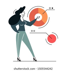 Frontend development web banner concept. Website interface design improvement. Developer looking at the graph. Isolated flat vector illustration