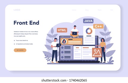 Banner web de desarrollo de Frontend o página de inicio. Mejora del diseño de la interfaz del sitio web. Programación y codificación. Profesional de TI. Ilustración vectorial plana aislada