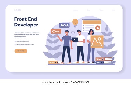 Frontend development web banner or landing page. Website interface design improvement. Programming and coding. IT profession. Isolated flat vector illustration