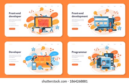Front-end development web banner or landing page set. Website interface design improvement. Programming and coding. IT profession. Isolated flat vector illustration