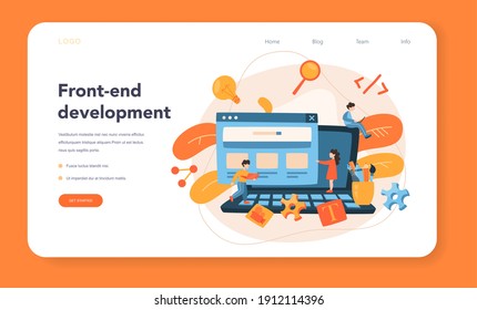 Front-end development web banner or landing page. Website interface design improvement. Programming and coding. IT profession. Isolated flat vector illustration