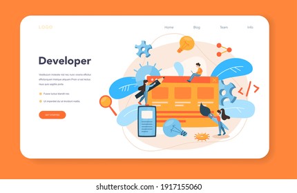 Front-end development web banner or landing page. Website interface design improvement. Programming and coding. IT profession. Isolated flat vector illustration