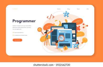 Front-end development web banner or landing page. Website interface design improvement. Programming and coding. IT profession. Isolated flat vector illustration