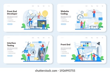 Frontend development web banner or landing page set. Website interface design improvement. Web page programming, coding and testing. IT profession. Isolated flat vector illustration