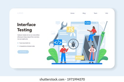 Frontend development web banner or landing page. Website interface design improvement. Web page programming, coding and testing. IT profession. Isolated flat vector illustration