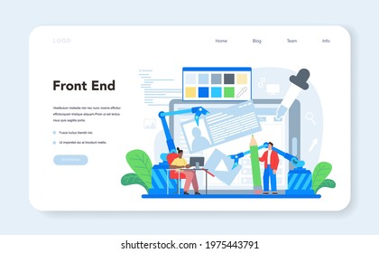 Frontend development web banner or landing page. Website interface design improvement. Web page programming, coding and testing. IT profession. Isolated flat vector illustration