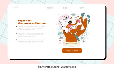 Frontend development web banner or landing page. Website interface design improvement. Web page programming, coding and testing. IT profession. Isolated flat vector illustration