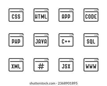 Frontend Development and Website Layout vector line icons. Programming Languages outline icon set. Php, Css, Html, Software Java, Coding, and more.