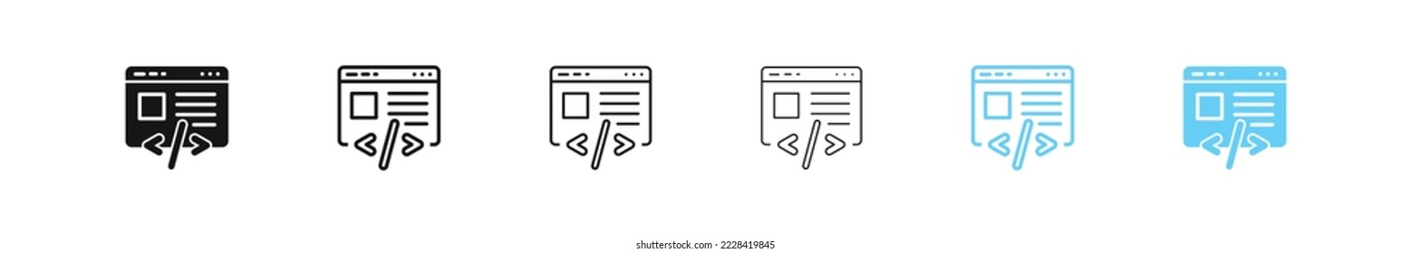 Frontend icon. Programming website symbol. Software develop icons. Website code sign. Browser web page symbols.Vector isolated sign.