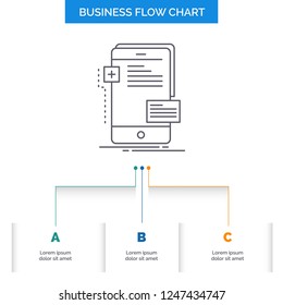 frontend, interface, mobile, phone, developer Business Flow Chart Design with 3 Steps. Line Icon For Presentation Background Template Place for text