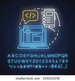 Front-end neon light concept icon. Software development kit idea. Programming and coding. Responsive website design. Glowing sign with alphabet, numbers and symbols. Vector isolated illustration