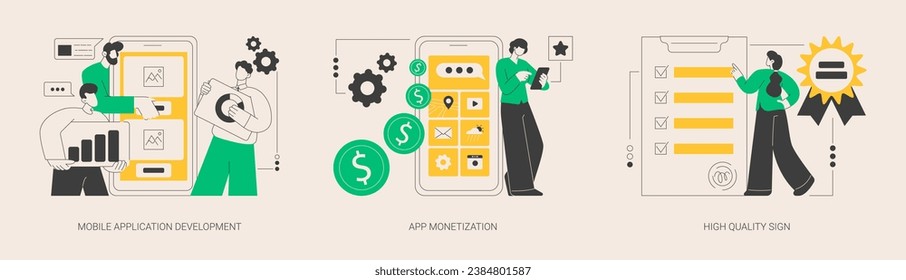 Frontend software abstract concept vector illustration set. Mobile application development, app monetization, high quality sign, UI and UX design, startup launch, ISO certification abstract metaphor.
