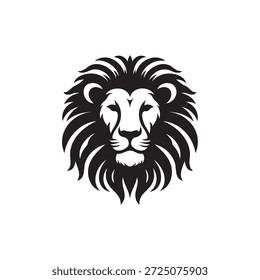 Um logotipo de vetor de cabeça de leão preto e branco virado para a frente com uma crina impressionantemente simétrica e altamente detalhada, projetando uma forte. Esta ilustração vetorial requintada mostra uma cabeça de leão a partir de uma visão frontal direta, distinguida por sua crina excepcionalmente simétrica e intrincadamente detalhada.