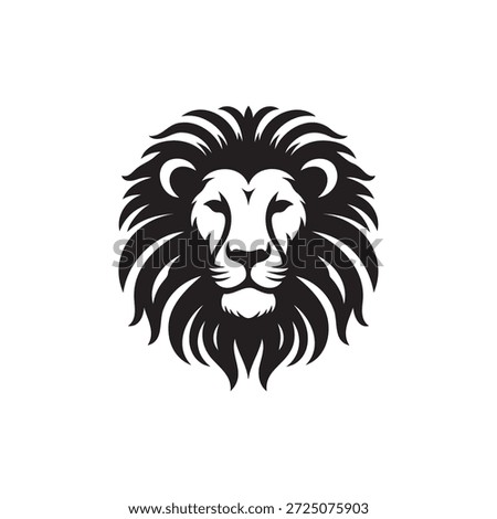 A front-facing black and white lion head vector logo with an impressively symmetrical and highly detailed mane, projecting a strong. This exquisite vector illustration showcases a lion's head from a direct front view, distinguished by its exceptionally symmetrical and intricately detailed mane.
