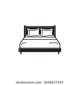 Mostrador gráfico preto-e-branco voltado para a frente de uma cama de casal com dois travesseiros na parte superior. A estrutura e as pernas também são claramente visíveis.