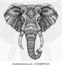 Retrato frontal da cabeça de elefante com grandes presas, ilustrado em um estilo detalhado de meio-tom. Esta majestosa ilustração da vida selvagem captura a sabedoria e a grandeza do gigante gentil com detalhes impressionantes. Ideal para folhetos de ecoturismo, sinalização para zoológicos e materiais promocionais de safári africano. Perfeito para projetos educacionais e de conservação. Ilustração limpa para uso versátil em projetos profissionais.