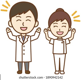 Front-facing full-body illustrations of a doctor's man and a nurse's woman who raise their hands to rejoice