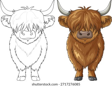 La vaca de las Highlands que mira hacia adelante se muestra en colores detallados y estilos de arte de líneas limpias, enfatizando el pelaje peludo, los cuernos Grandes y la composición simétrica
