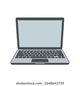 Ilustração frontal de um notebook aberto com uma tela em branco e teclado visível, apresentada contra um fundo branco limpo. Conceito de computador minimalista