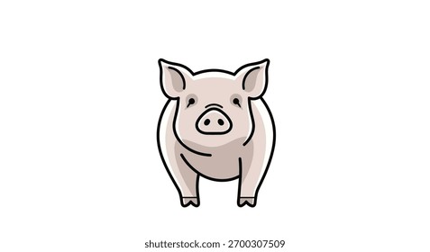 A front-facing illustration of a pig with soft features and bold outlines, with neutral colors and a minimalist design