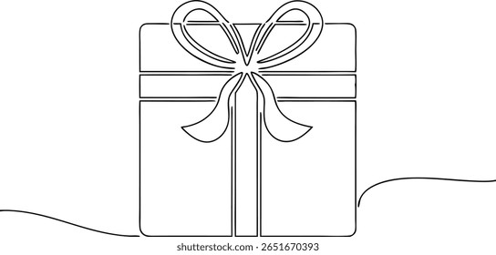 Desenho de uma linha minimalista frente de uma caixa de presente com fita - Contorno presente simples para feriados e eventos