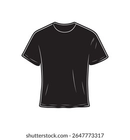 Camiseta preta de manga curta, virada para a frente, com destaque contra um fundo branco limpo, detalhado com um contorno branco nítido e um fundo transparente para fácil integração.