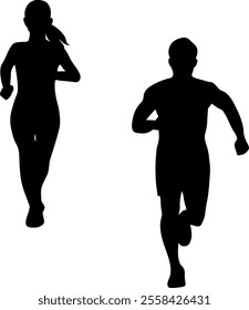 Front-facing silhouette of a man and woman jogging