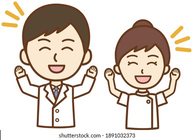 Front-facing upper-body illustrations of a doctor's man and a nurse's woman who raise their hands to rejoice