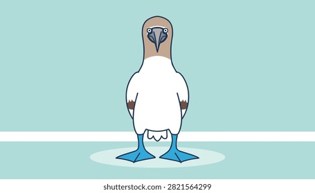 Front-facing vector illustration of a unique blue-footed booby bird standing against a soft teal background.