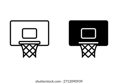 A vista frontal mostra um simples contorno preto de um aro de basquete com uma rede e backboard contra um fundo branco, perfeito para as necessidades de design e ilustração.