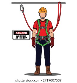 Front-facing worker wearing orange hard hat, red shirt, green full-body safety harness, red gloves, and boots, with a 'Danger Working at Height' sign