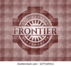 Frontier red emblem or badge with abstract geometric pattern background. Seamless.
