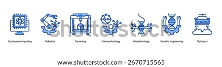 Frontier Science and Computing web banner icon vector illustration featuring Quantum Computing, Robotics, 3D Printing, Nanotechnology, Biotechnology, Genetic Engineering, and Flying Car.