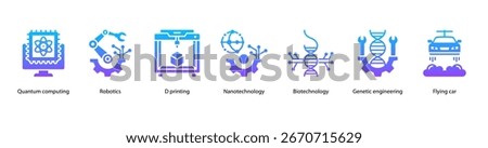 Frontier Science and Computing web banner icon vector illustration featuring Quantum Computing, Robotics, 3D Printing, Nanotechnology, Biotechnology, Genetic Engineering, and Flying Car.