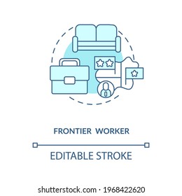 Frontier worker blue concept icon. Cross border work. Job abroad. Immigrant employee type. Migrant worker rights idea thin line illustration. Vector isolated outline RGB color drawing. Editable stroke