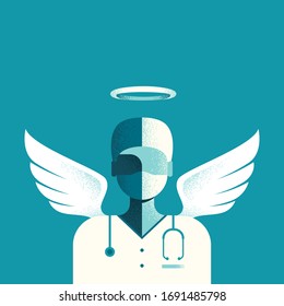 Combatientes de primera línea - Médico como ángel contra los desafíos médicos. El verdadero superhéroe Angel Doctor con alas y estetoscopio.
